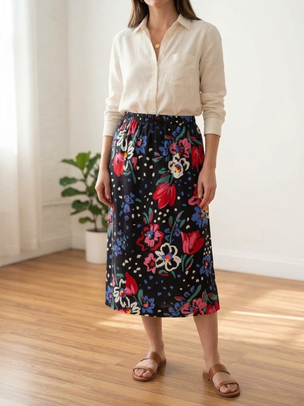 VTG Floral Vibrant Black Cotton Midi Skirt Artsy Boho 18 Tall.